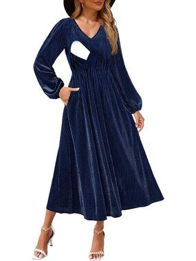 Women's Nursing Velvet Maxi Dress with Pockets - Long Sleeve V Neck Style